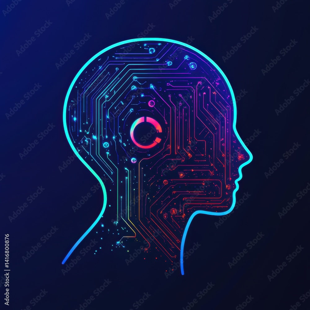 Poster neon outlined head profile featuring circuit board technology design for ai development and cybernet