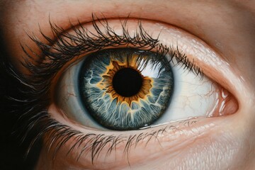 Close up Detailed Painting of a Human Eye with Striking Iris and Eyelashes