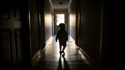 Child&rsquo;s Shadow in Dark Hallway Representing Lingering Trauma. Perfect for: PTSD Awareness Month, therapy visuals, mental health education
