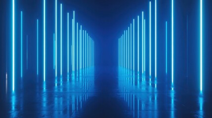 Obraz premium Neon blue lines illuminate a dark, reflective corridor. Futuristic design