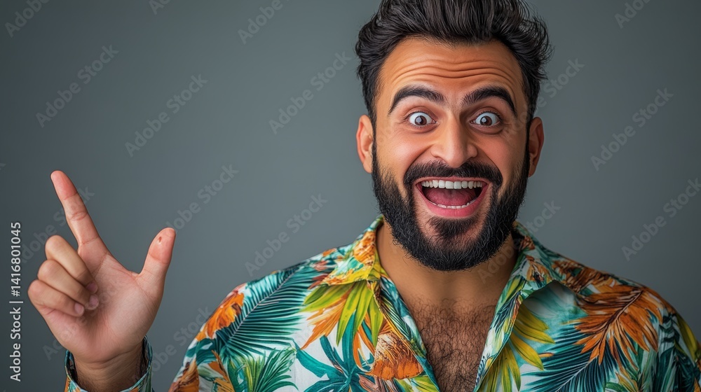Poster man with a beard and a smile on his face is pointing to the camera. he is wearing a colorful shirt w