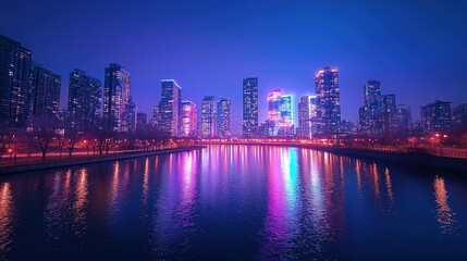 Fototapeta premium Neon lights dance in the urban night, a vibrant symphony of colors and reflections