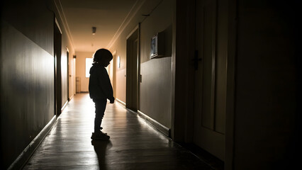 Child&rsquo;s Shadow in Dark Hallway Representing Lingering Trauma. Perfect for: PTSD Awareness Month, therapy visuals, mental health education