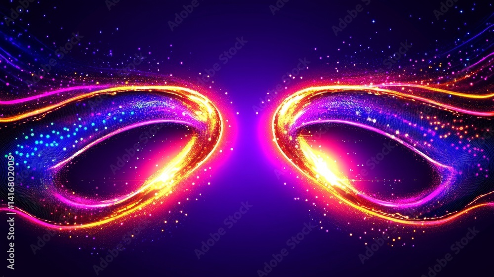 Poster energetic abstract illustration depicting vibrant light streaks forming symmetrical patterns against