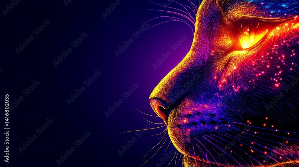 Poster abstract feline head illuminated with vibrant cosmic light, showcasing digital rendering and biolumi