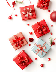 Festive holiday scene with presents, crimson ornaments on a snowy backdrop, capturing the magic of Christmas and New Year's celebrations, arranged in a stylish flat lay with ample space for your mes