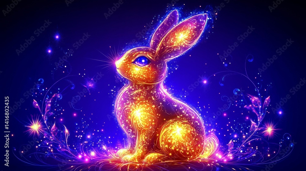 Poster luminous rabbit constellation shimmering on a dark blue canvas with sparkling astral dust creating a