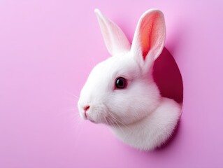 Fototapeta premium A fluffy white rabbit peeks through a pink cutout, creating a playful and whimsical portrait against a vibrant pink background