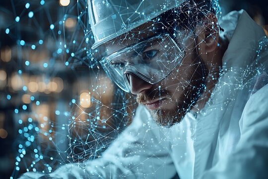 Focused industrial technician immersed in complex technological data analysis.