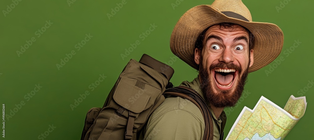 Poster man with a backpack and a hat is smiling and holding a map. concept of adventure and excitement, as 