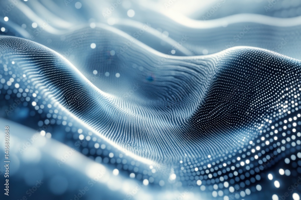 Poster abstract representation of flowing waves with glowing dots in a digital landscape