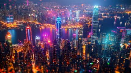 Fototapeta premium Neon lights dance in the urban night, a vibrant symphony of colors and reflections