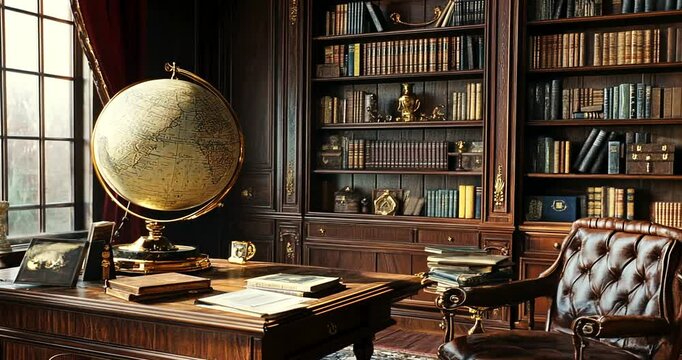 Elegant study room with globe and wooden shelves