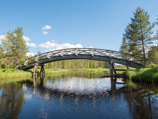 Wooden walking bridge at hiking route over river in national park