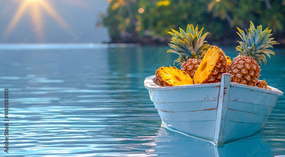 Poster boat is floating on the water with a bunch of pineapples on it. the pineapples are cut open and are 