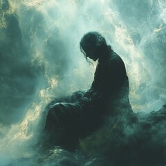 A psychic medium sits in a trance, eyes closed, as spiritual energy swirls around them. Generative AI