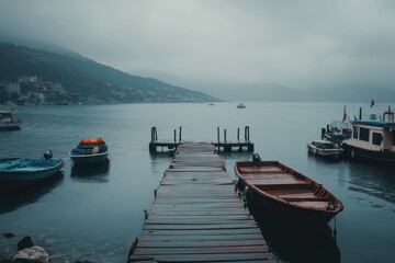 Misty waterfront scene with a wooden dock and boats.