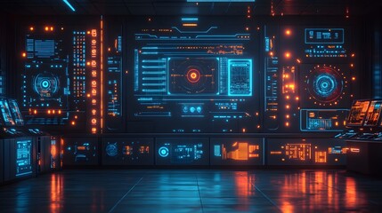Fototapeta premium Futuristic control panel with glowing displays and intricate circuitry.