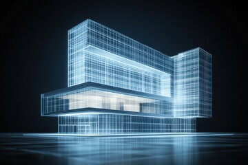 Architectural wireframe rendering. Detailed building framework with glowing blue outlines