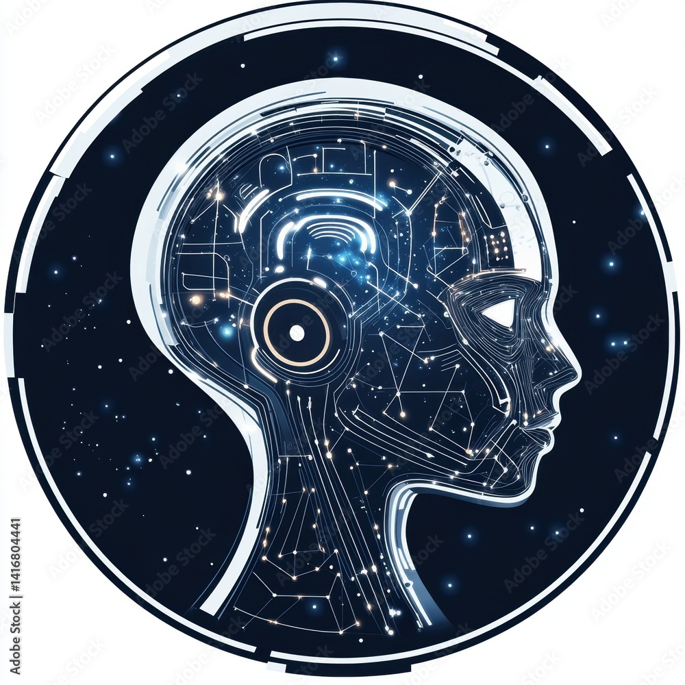 Poster artificial intelligence concept: glowing circuitry in human head profile silhouette within circular 