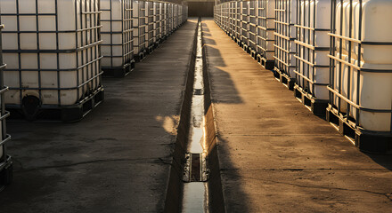 Industrial Storage Tanks White IBC Containers Outdoor Sunlight Drainage System Rows of Chemical