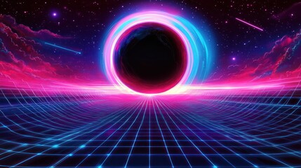 Obraz premium Retro futuristic landscape, glowing portal, starry night, synthwave background, digital art