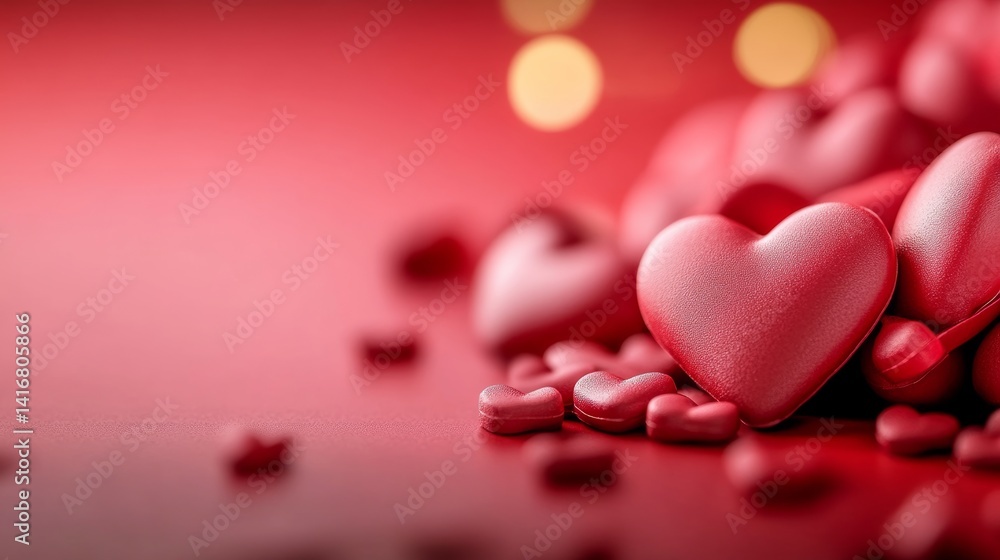 Poster red background with a bunch of hearts on it. the hearts are all different sizes and are scattered ar