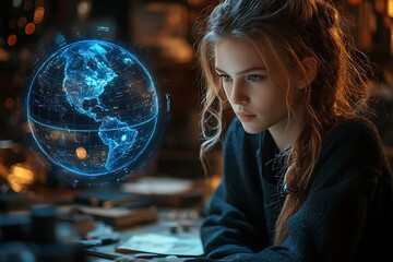 Young woman focused on a holographic world map.