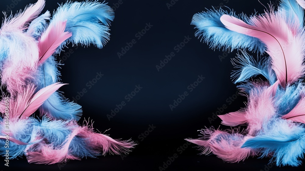 Poster blue and pink feathery background with pink and blue feathers scattered around. the feathers are of 