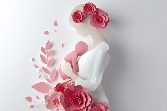 Minimalist papercraft pregnancy portrait featuring expectant mother silhouette with botanical elements, clean negative space design.mother's day - Powered by Adobe