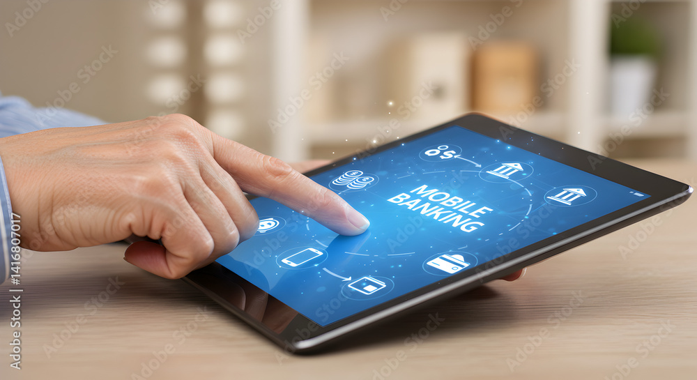 Poster person using a digital tablet with blue network interface on a light wooden table with blurry backgr