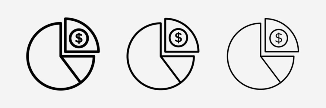 Pie chart with dollar icon Vector Illustration of Pie Chart Dollar Icon in Black, thin, light and bold stroke