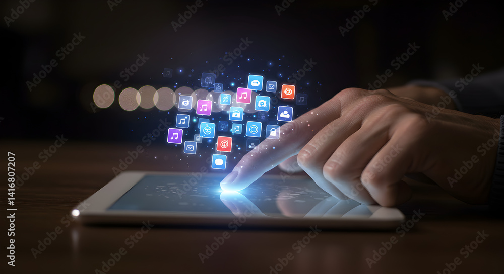 Aufkleber person touching tablet with floating application icons on dark wooden table with bokeh lights