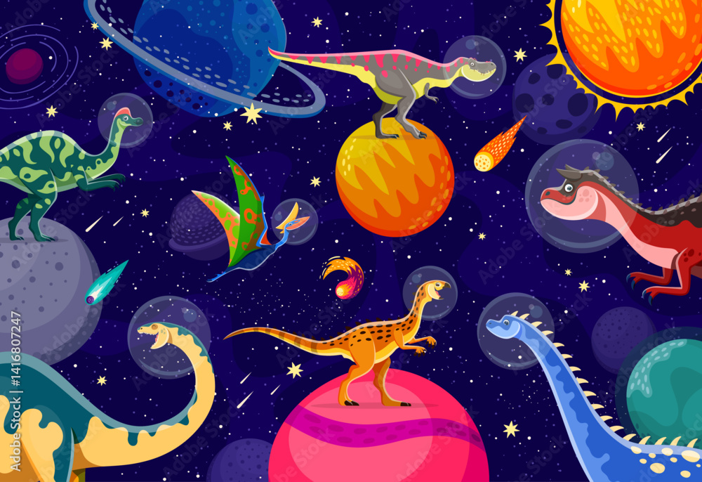 Poster dinosaur astronaut characters on alien space planets in galaxy, cartoon vector background. funny pre