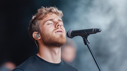 Close-up of a male singer performing on stage.  He's focused and in the midst of a song, microphone close to his mouth, eyes closed, and a relaxed yet intense expression