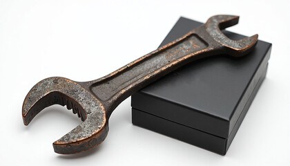 A rusty open end wrench sitting on top of a black box.