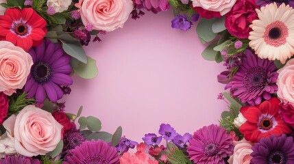 Fototapeta premium Elegant Funeral Wreath with Dark Purple and Pink Flowers on Soft Pink Background