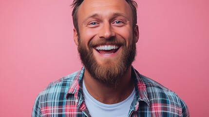 Man with a beard and a plaid shirt is smiling. He has a big smile on his face and his teeth are visible