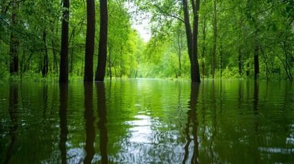 Obraz premium Flooded Forest Landscape With Lush Green Vegetation And Calm Water Reflections After Heavy Rainfall
