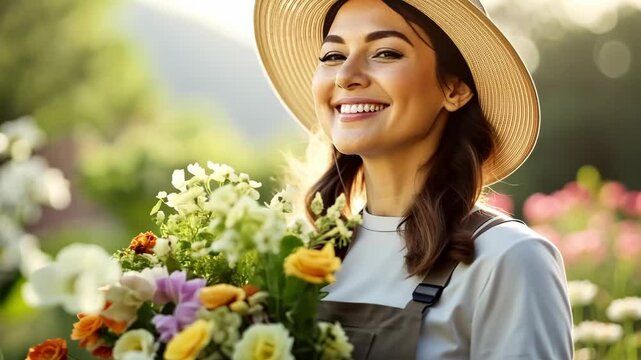 A flower shop worker in a straw hat and apron outdoors in summer holds a bouquet of wildflowers, a gardener