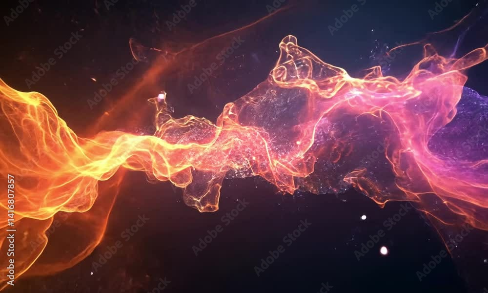 Poster engaging loop of fluid colorful streaks moving left to right with hues transitioning between warm an