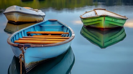 Obraz premium Three boats are floating in the water, one of which is blue and the other two are green
