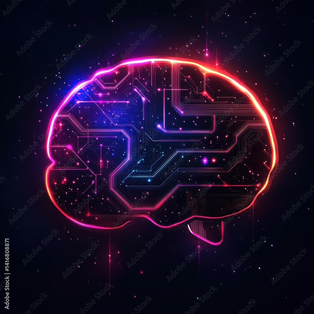 Poster glowing neural network brain illustration with circuitry on dark space background