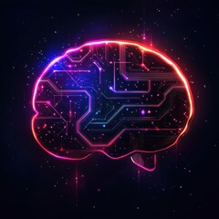 Glowing Neural Network Brain Illustration with Circuitry on Dark Space Background