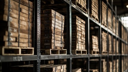 Warehouse storage. Shelves stacked with wooden pallets holding stacked materials