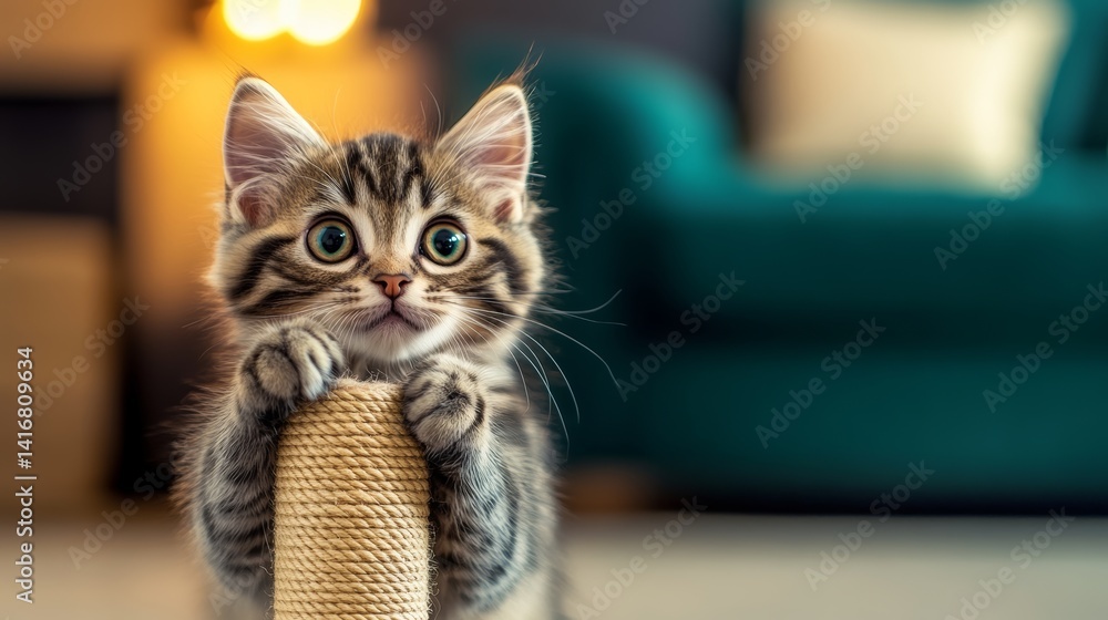 Aufkleber kitten is standing on a scratching post and looking at the camera. concept of curiosity and playfuln