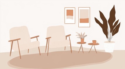 Beige and terracotta interior design featuring lounge chairs and plants.