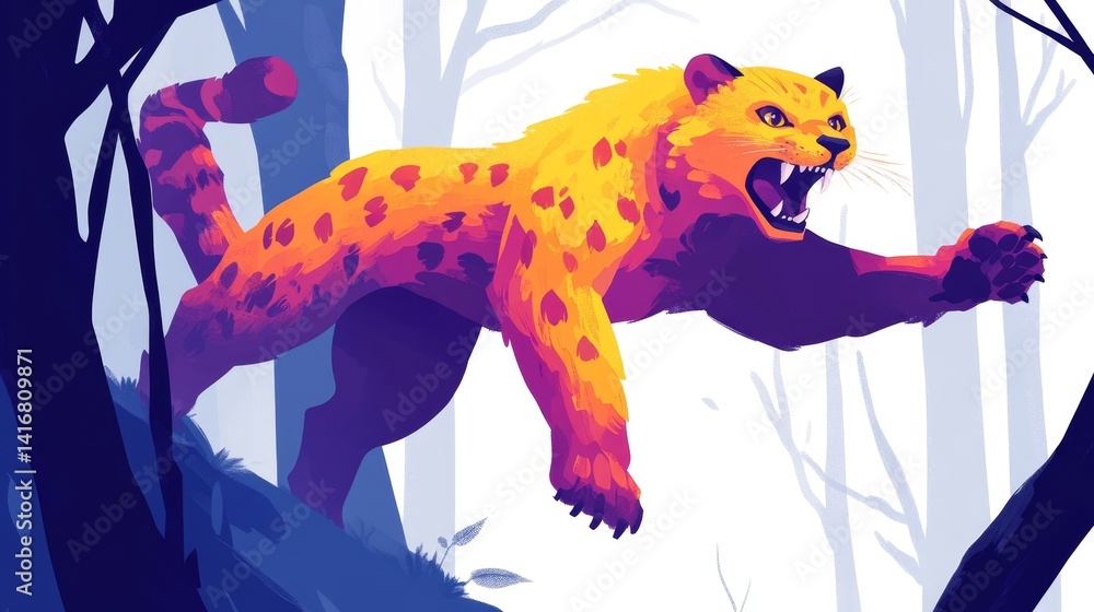 Poster pixelated feline predator in the forest with a retro arcade game vibe a ferocious wildcat with polyg