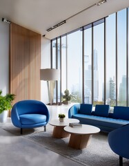 Modern office lounge with blue sofas and coffee tables.