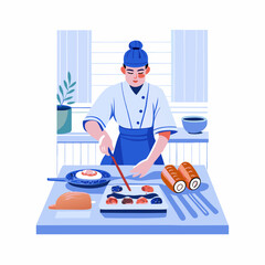 A person making a sushi roll image. Flat style. Vector illustration.